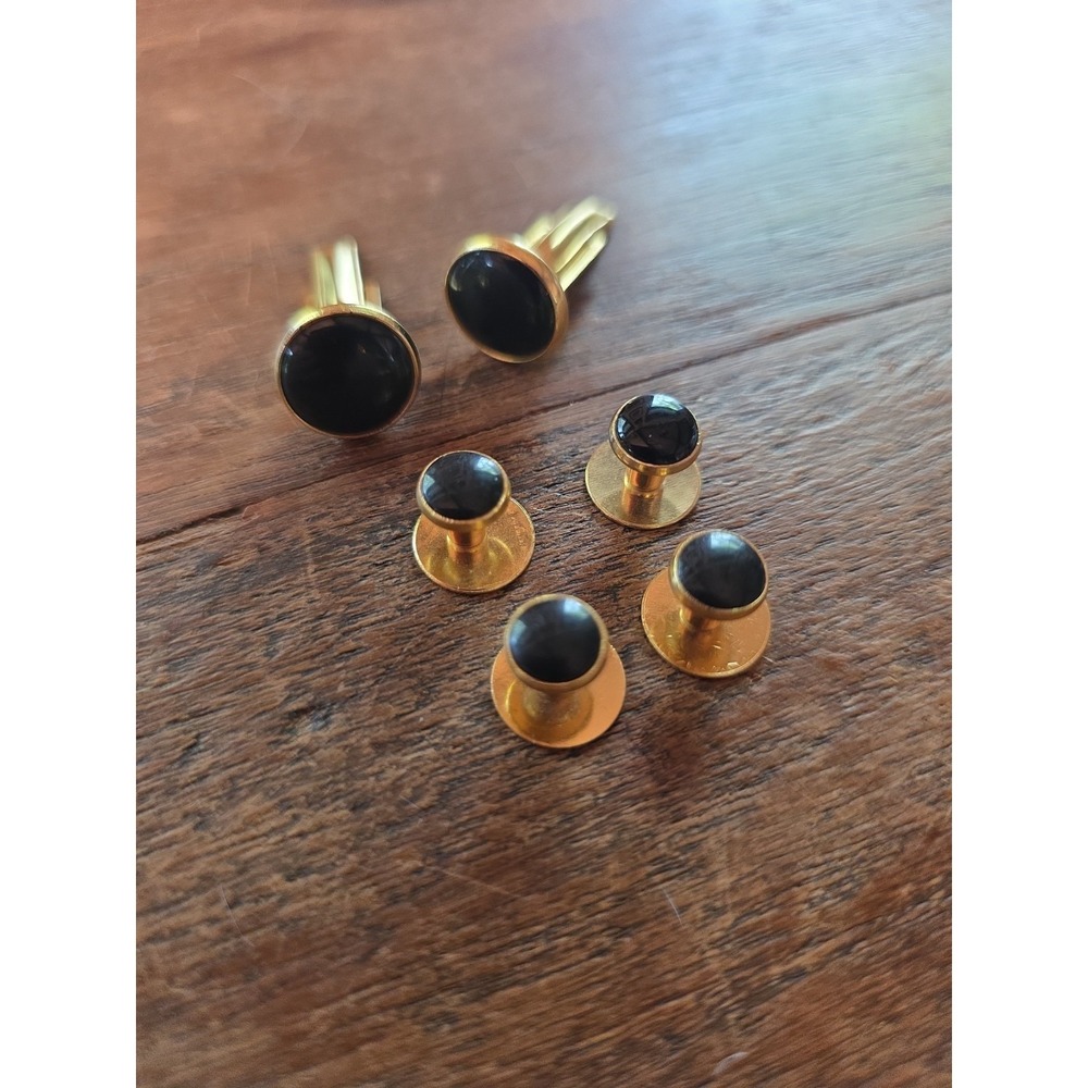 Vtg Black Gold Tuxedo Cufflinks Shirt Studs Set 6 Pc Formal Groom Starburst Back